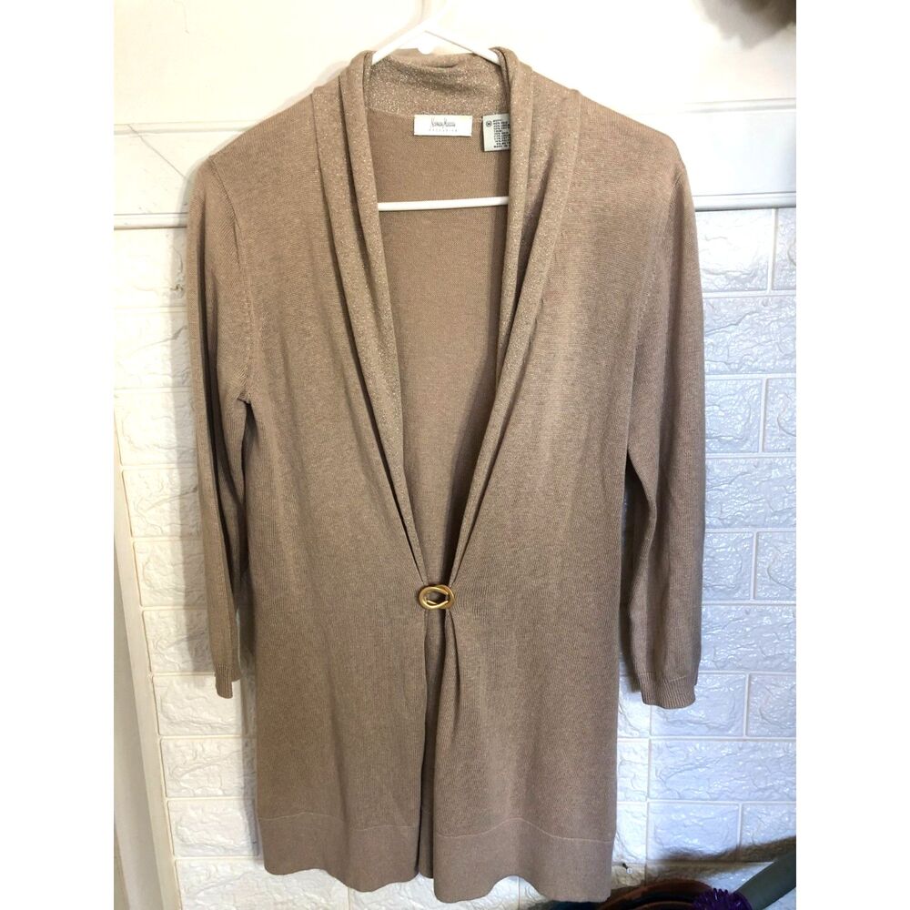 Y2K Neiman Marcus Exclusive Metallic Silk Linen Open Cardigan Sweater Tan Boho M